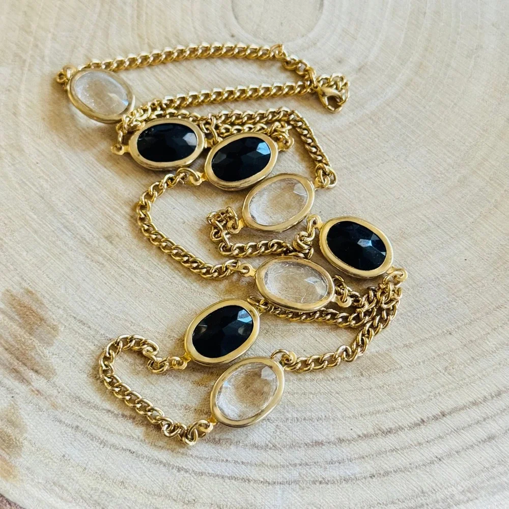 VTG elegant‎ gold link chain necklace black clear open bezel acrylic regal 30